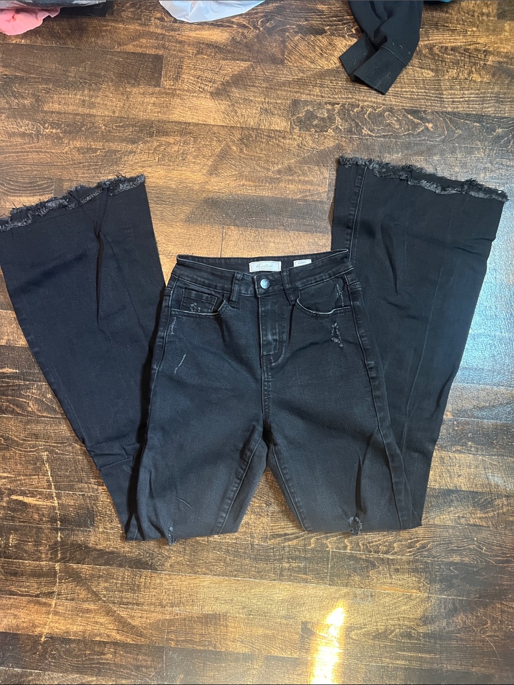 KanCan Black High-Rise Flare Jeans with Raw Frayed Hem